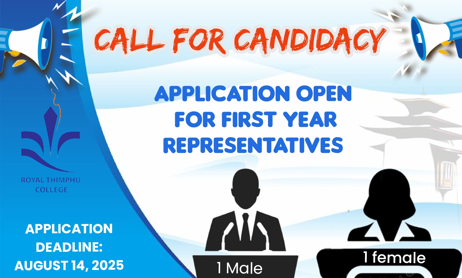 Call for Candidacy for the First Year representative election. Application is open for all the first year students who are interested to take part in the election of first year representative and join student government. There are two slot, one male and one female first year representative. The deadline for the application is August 14, 2025 followed by election on August 20, 2025. We kindly request the cooperation of faculty members, staff, and senior students in encouraging capable first year students to apply for this position. Please fill up the candidacy form and submit to SSD before August 14, 2025.